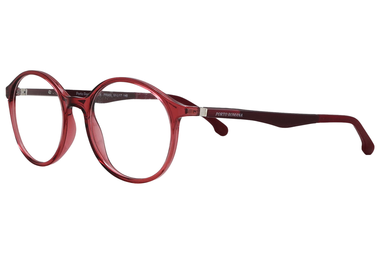 porto romano round red eyeglasses frame viewed from a 45-degree angle.