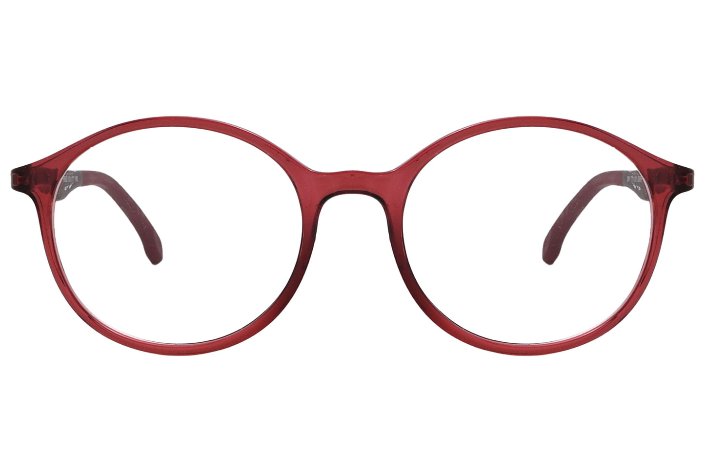 porto romano round red eyeglasses frame viewed from front angle.