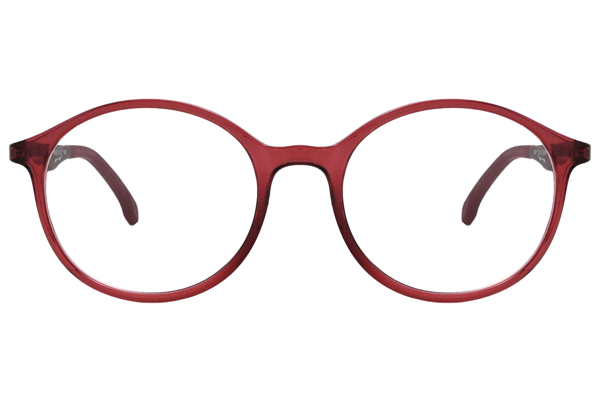 porto romano round red eyeglasses frame viewed from front angle.