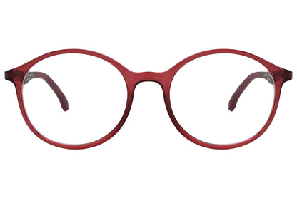 porto romano round red eyeglasses frame viewed from front angle.