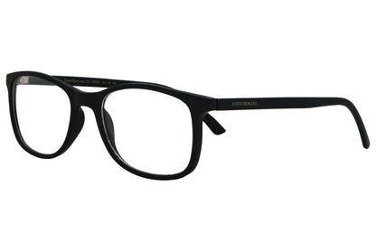 porto romano rectangle black eyeglasses frame viewed from a 45-degree angle.