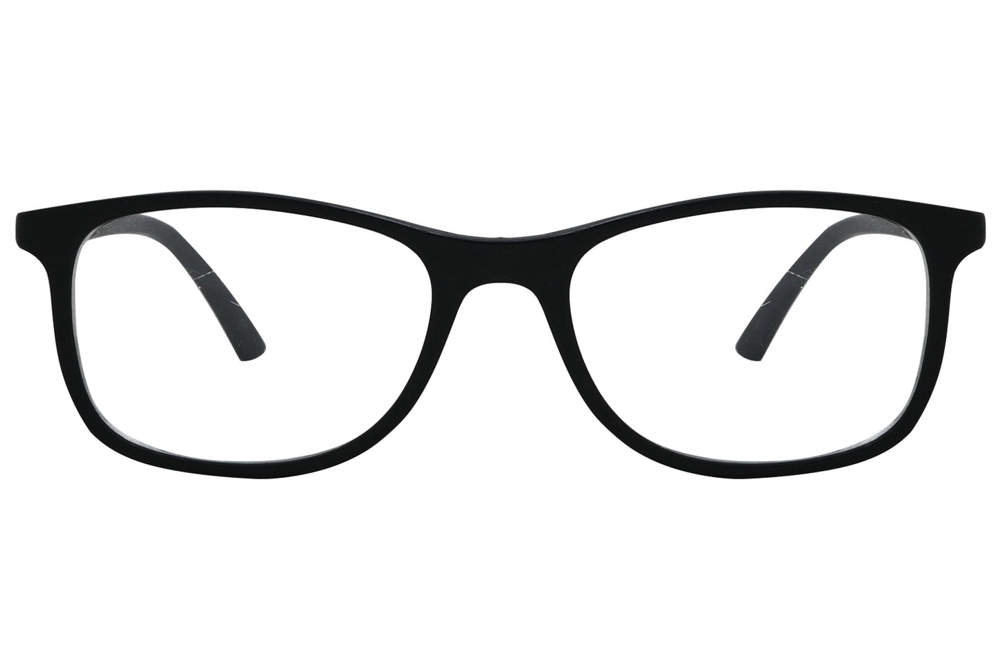 porto romano rectangle black eyeglasses frame viewed from front angle.