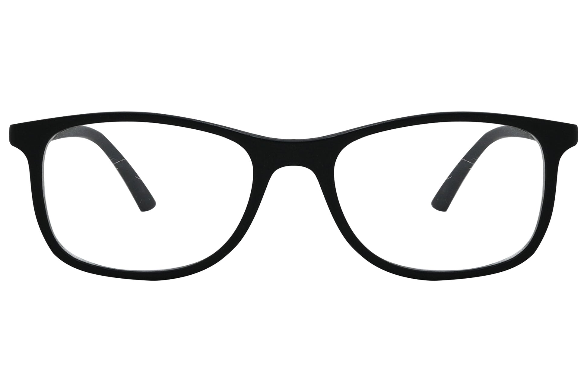 porto romano rectangle black eyeglasses frame viewed from front angle.