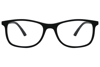 porto romano rectangle black eyeglasses frame viewed from front angle.