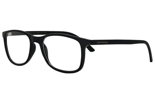 porto romano rectangle black eyeglasses frame viewed from a 45-degree angle.