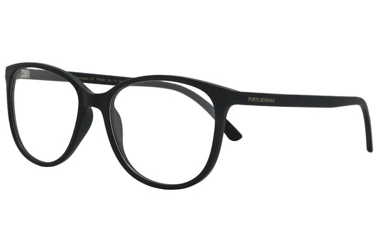 porto romano rectangle black eyeglasses frame viewed from a 45-degree angle.