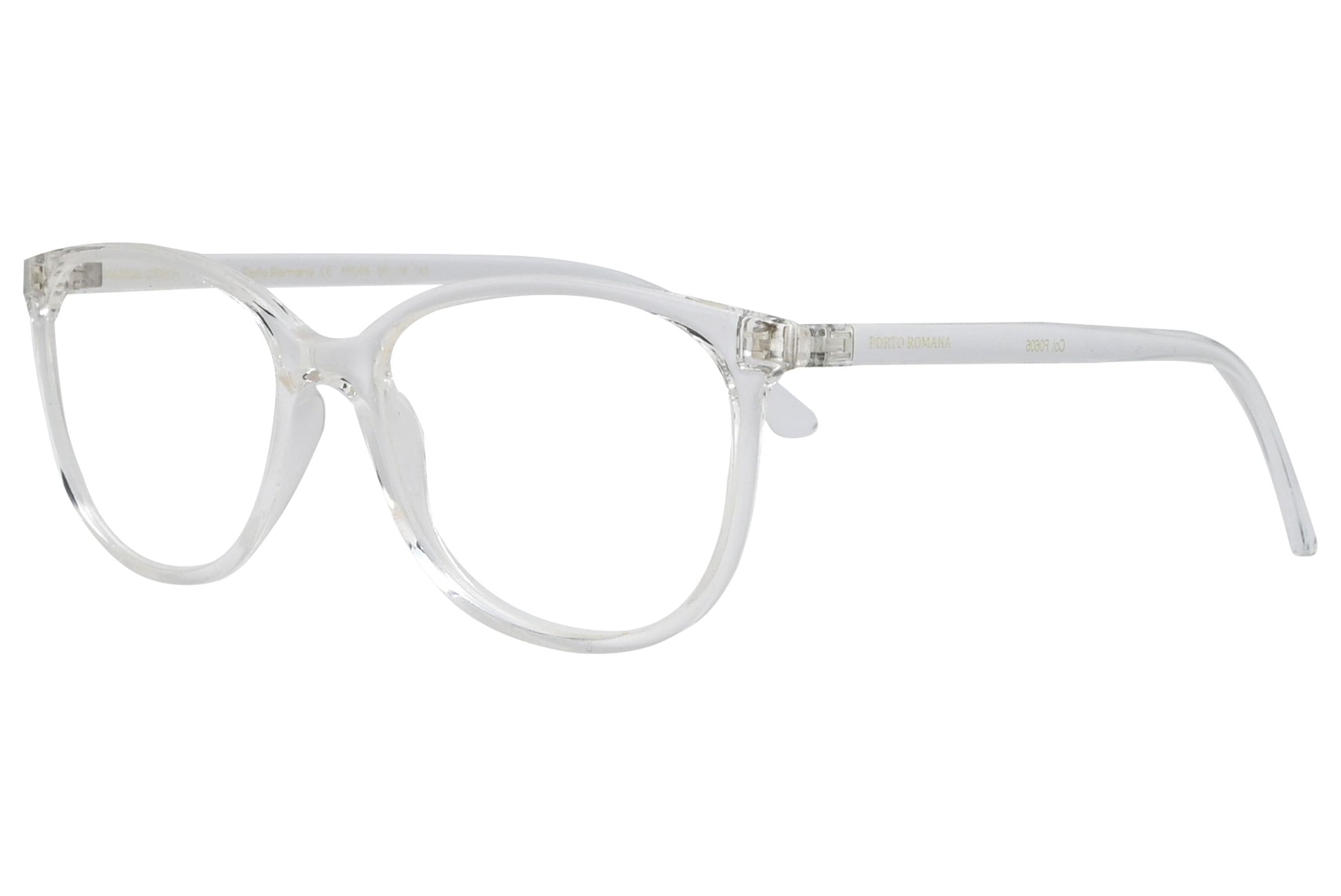 porto romano rectangle white eyeglasses frame viewed from a 45-degree angle.