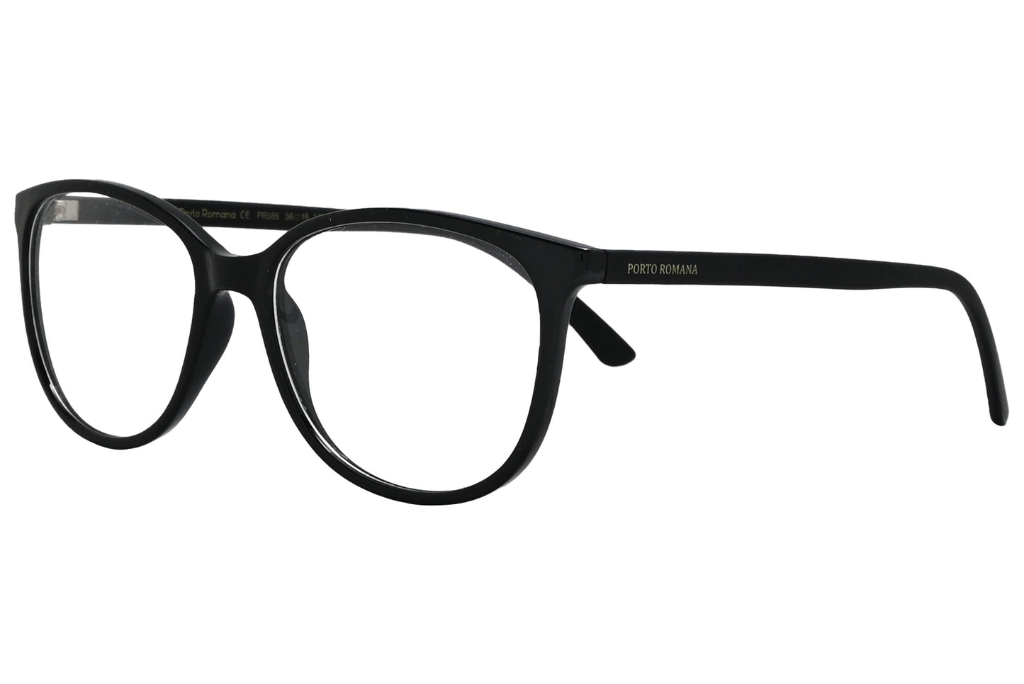 porto romano rectangle black eyeglasses frame viewed from a 45-degree angle.