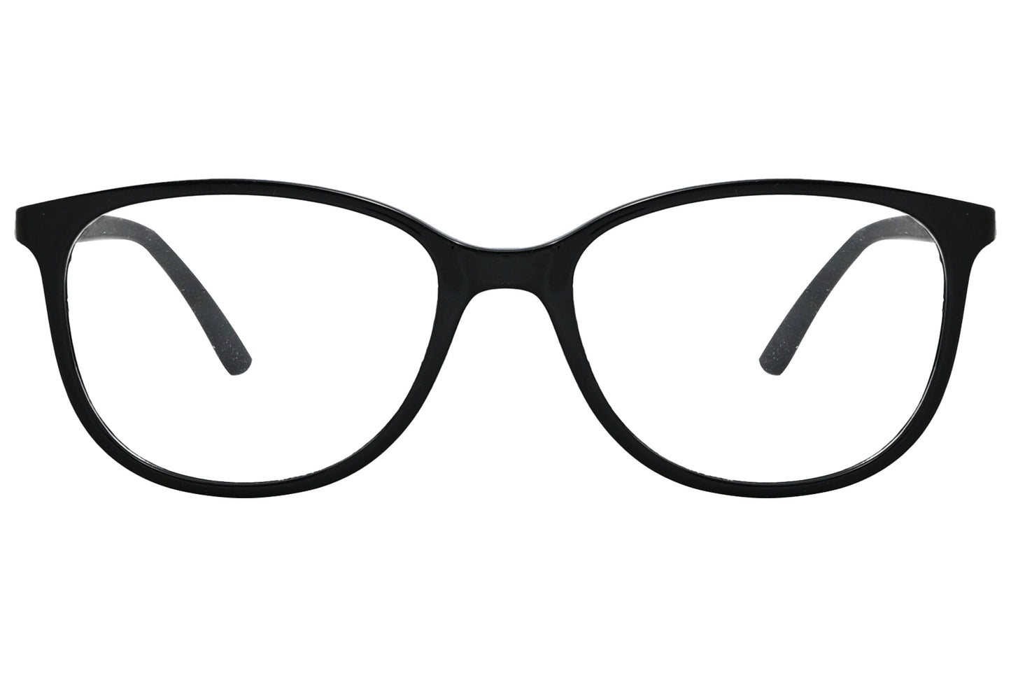 porto romano rectangle black eyeglasses frame viewed from front angle.