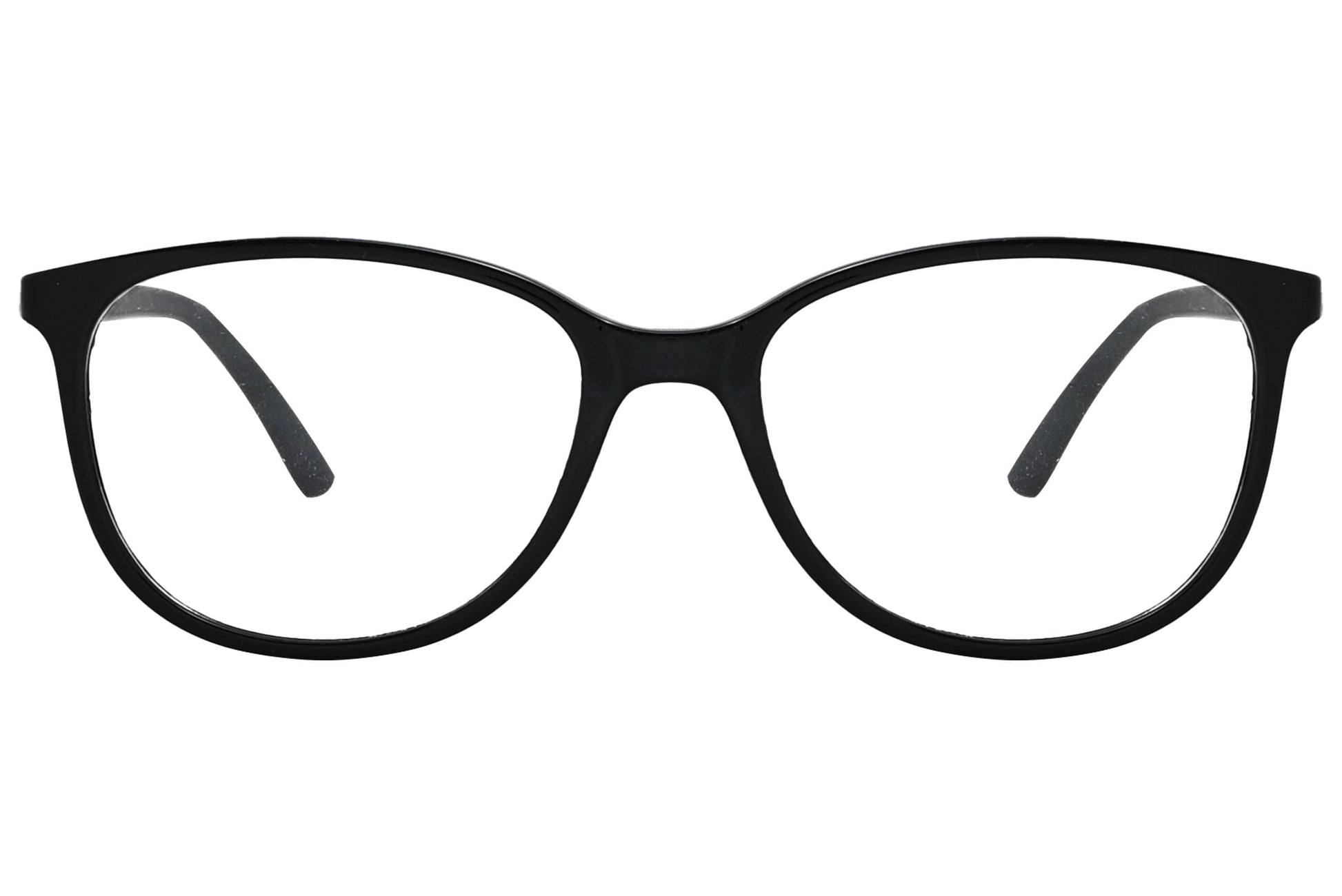 porto romano rectangle black eyeglasses frame viewed from front angle.