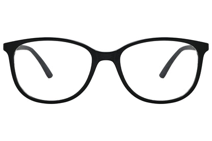 porto romano rectangle black eyeglasses frame viewed from front angle.