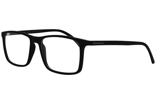 porto romano rectangle black eyeglasses frame viewed from a 45-degree angle.