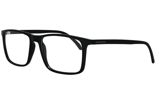 porto romano rectangle black eyeglasses frame viewed from a 45-degree angle.