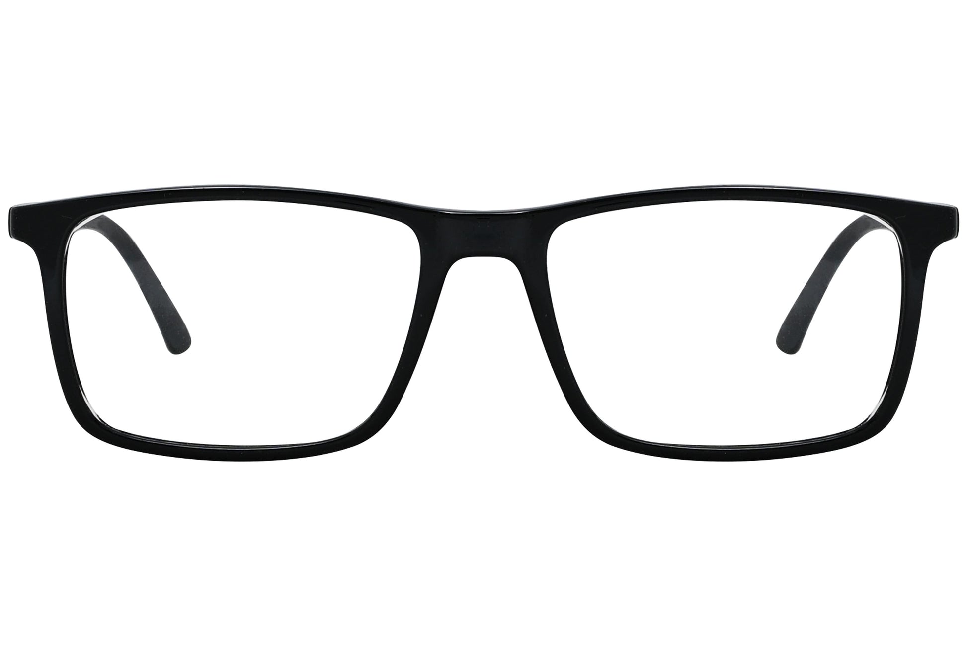 porto romano rectangle black eyeglasses frame viewed from front angle.