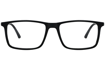 porto romano rectangle black eyeglasses frame viewed from front angle.