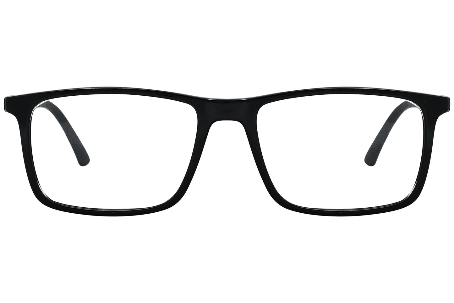 porto romano rectangle black eyeglasses frame viewed from front angle.