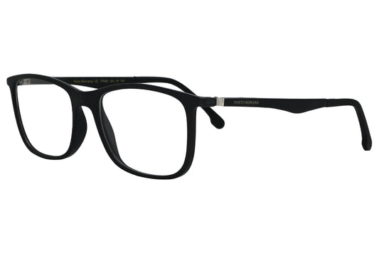 porto romano rectangle black eyeglasses frame viewed from a 45-degree angle.