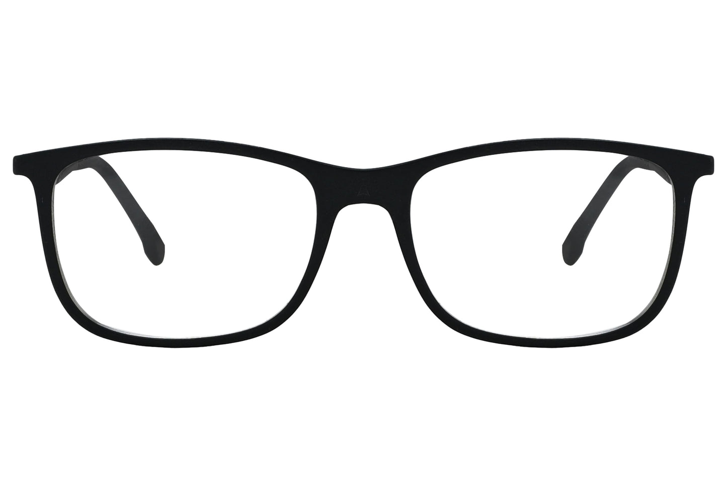 porto romano rectangle black eyeglasses frame viewed from front angle.