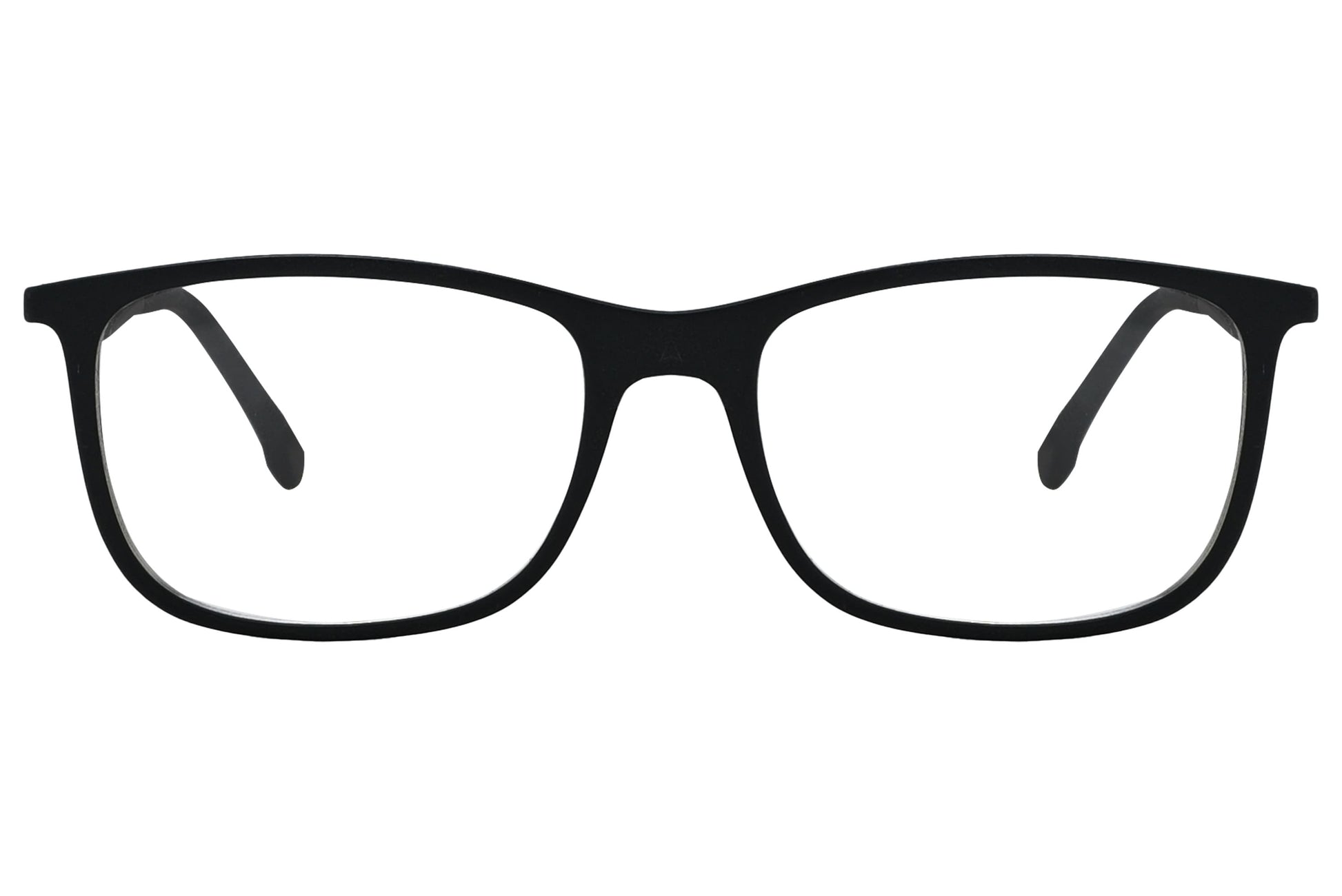 porto romano rectangle black eyeglasses frame viewed from front angle.