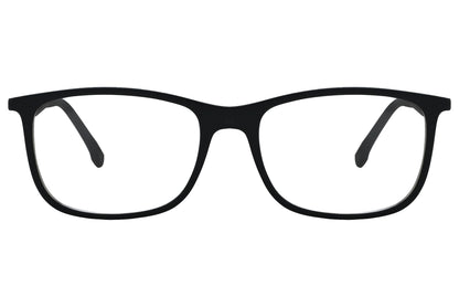 porto romano rectangle black eyeglasses frame viewed from front angle.