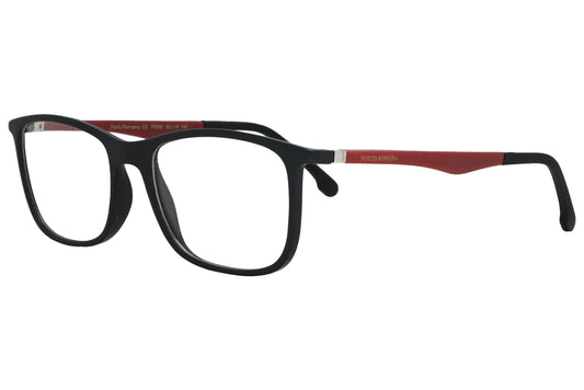 porto romano rectangle red eyeglasses frame viewed from a 45-degree angle.