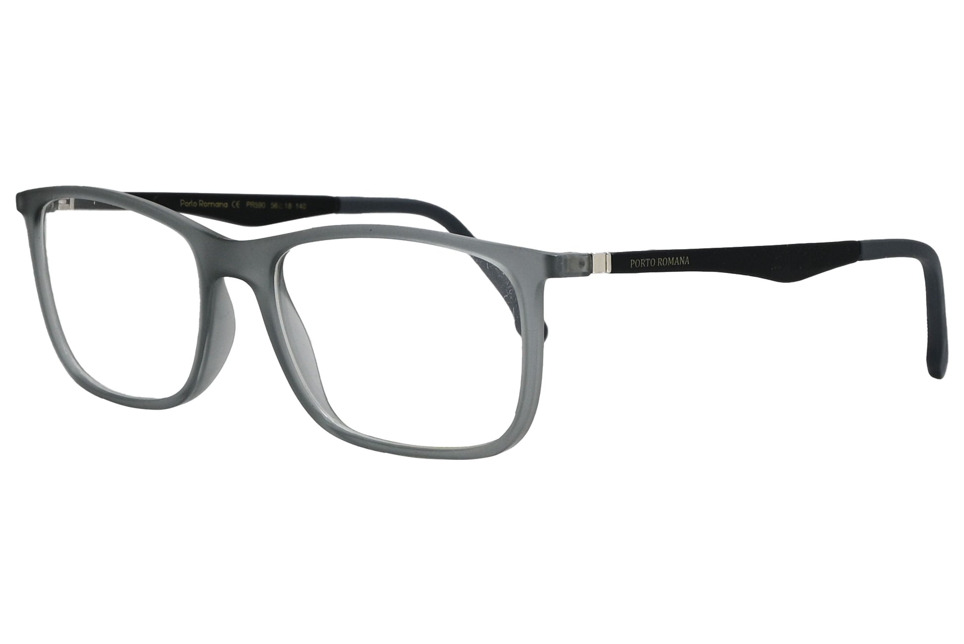 porto romano rectangle gray eyeglasses frame viewed from a 45-degree angle.