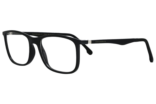 porto romano rectangle black eyeglasses frame viewed from a 45-degree angle.