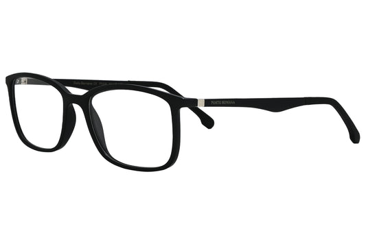 porto romano rectangle black eyeglasses frame viewed from a 45-degree angle.