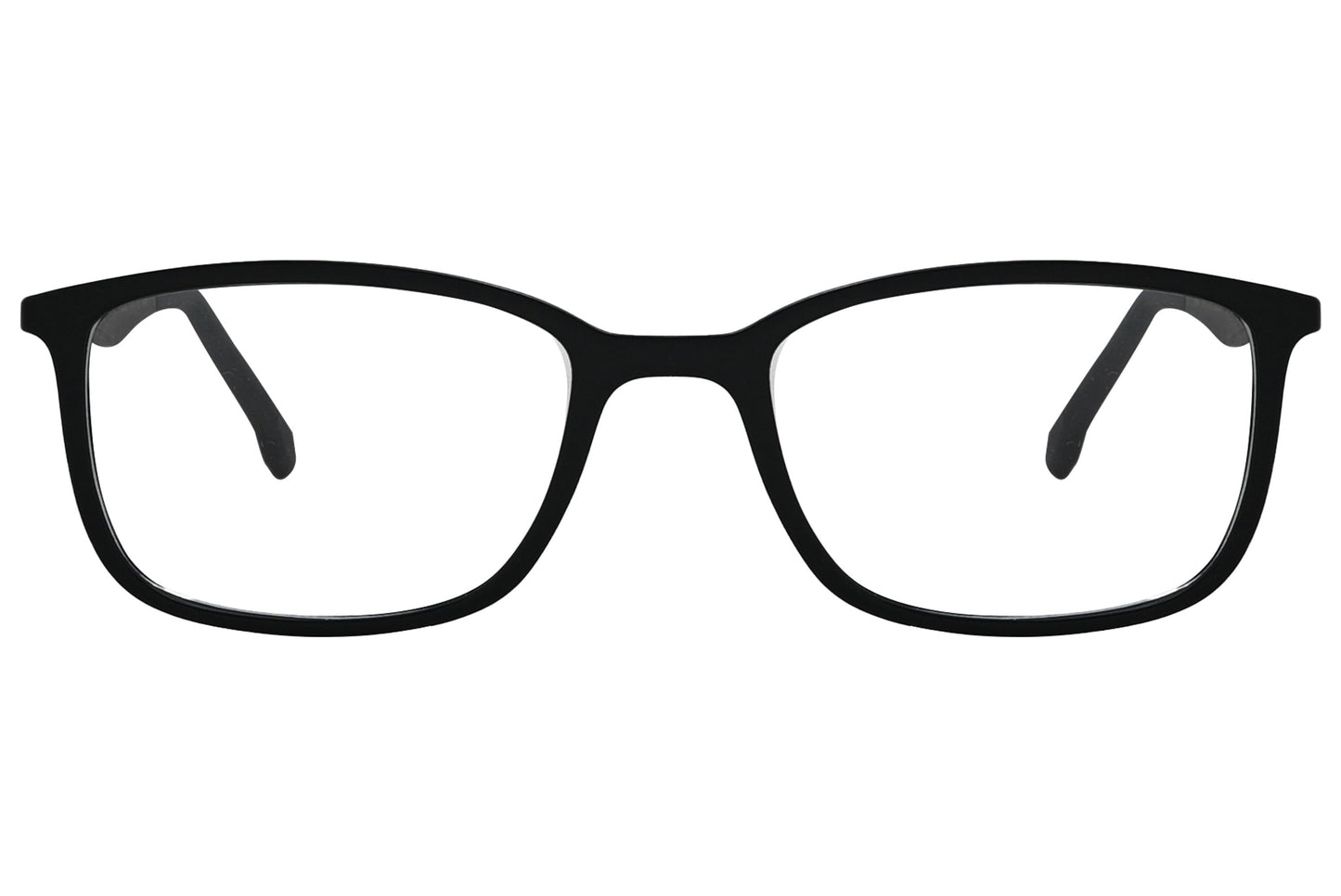 porto romano rectangle black eyeglasses frame viewed from front angle.