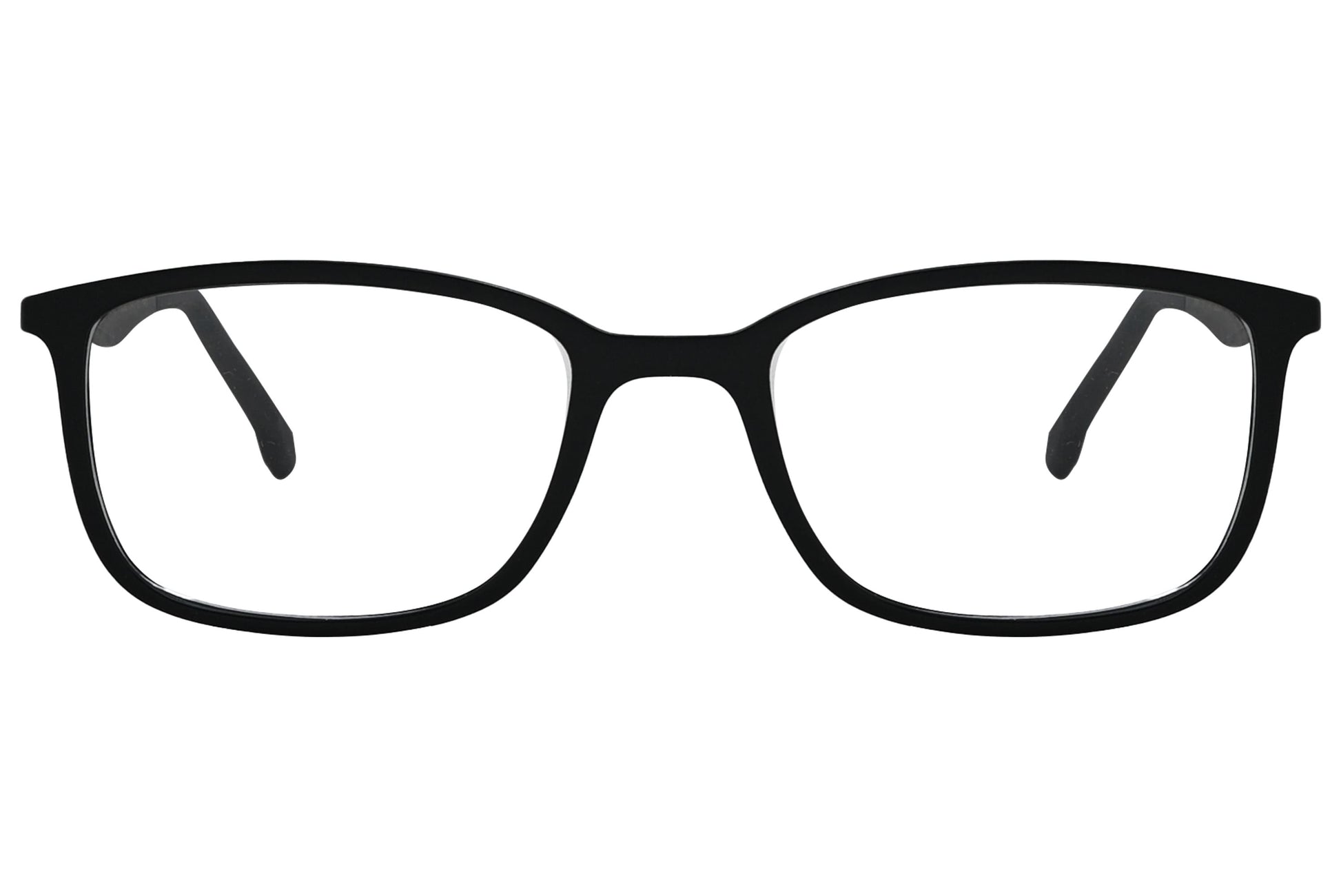 porto romano rectangle black eyeglasses frame viewed from front angle.