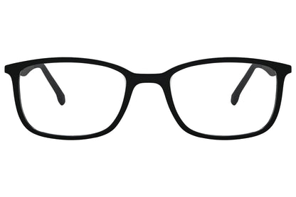 porto romano rectangle black eyeglasses frame viewed from front angle.