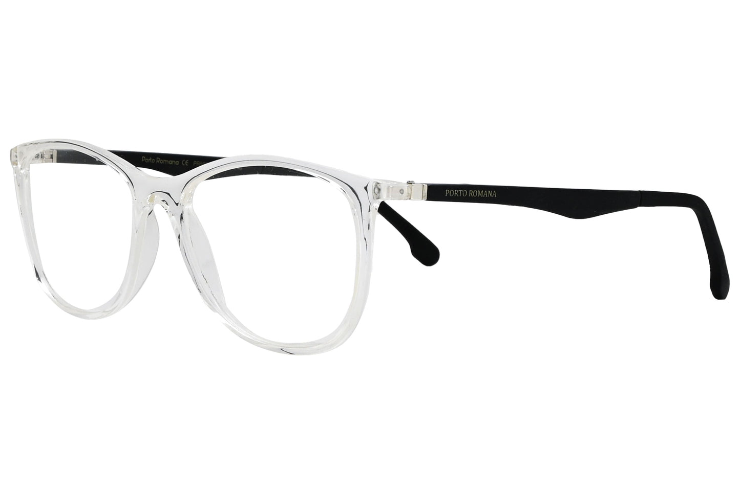 porto romano rectangle transparent eyeglasses frame viewed from a 45-degree angle.