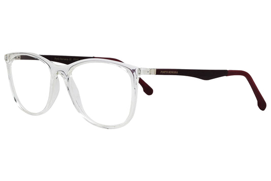 porto romano rectangle transparent eyeglasses frame viewed from a 45-degree angle.