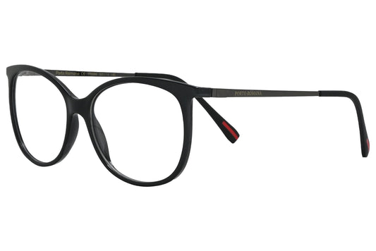 porto romano round black eyeglasses frame viewed from a 45-degree angle.