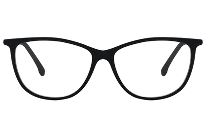 porto romano rectangle black eyeglasses frame viewed from front angle.