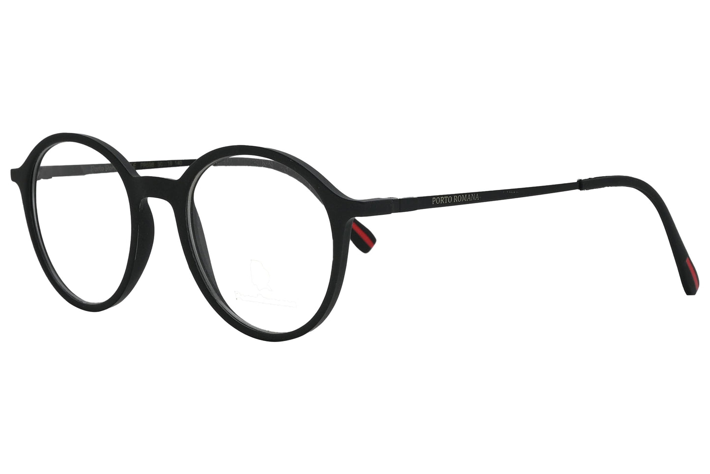 porto romano round black eyeglasses frame viewed from a 45-degree angle.