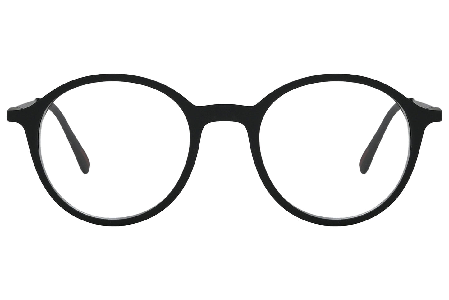 porto romano round black eyeglasses frame viewed from front angle.