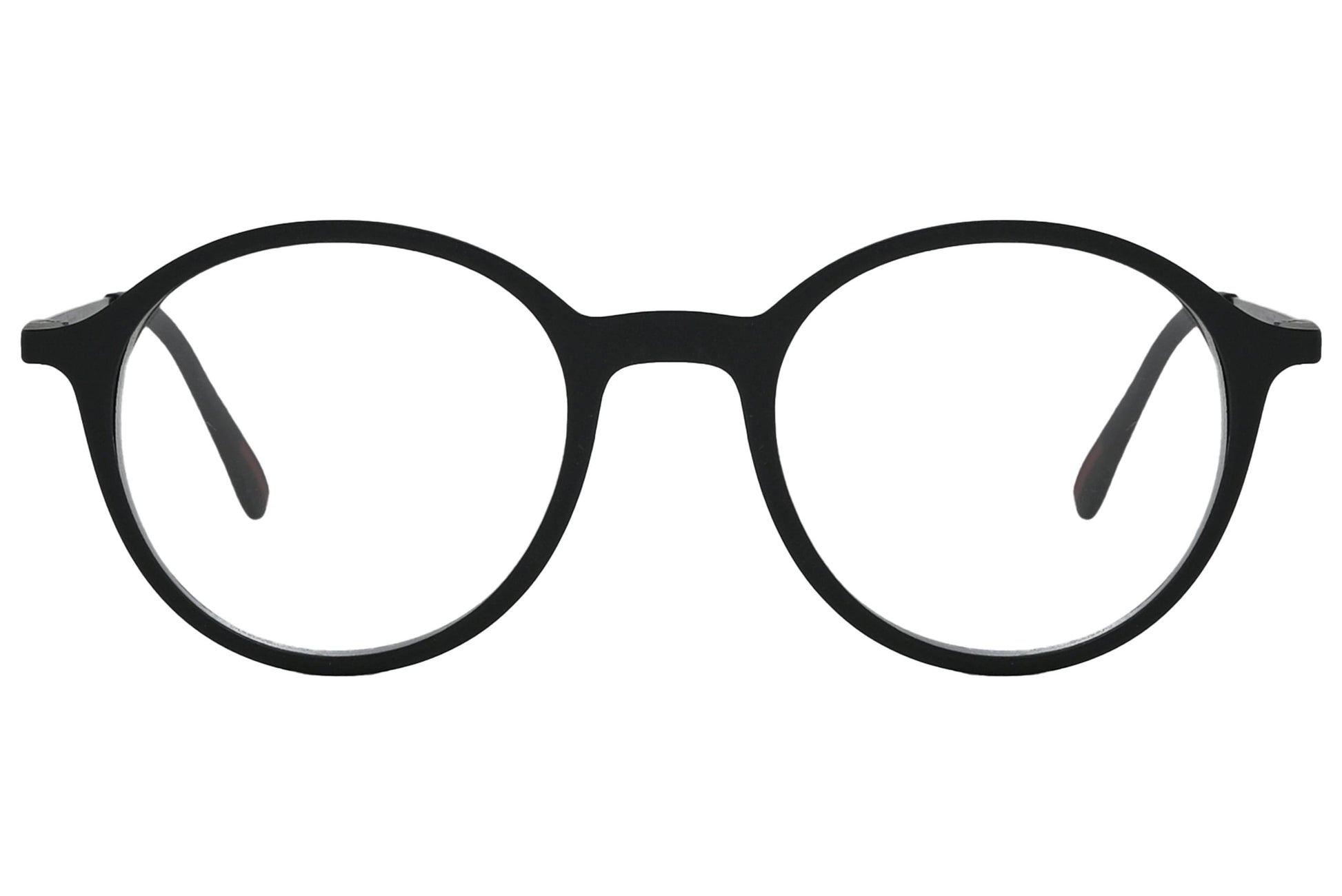 porto romano round black eyeglasses frame viewed from front angle.