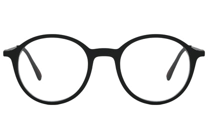 porto romano round black eyeglasses frame viewed from front angle.