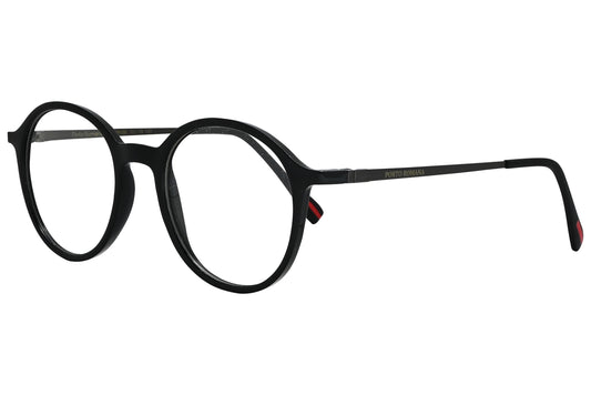 porto romano round black eyeglasses frame viewed from a 45-degree angle.