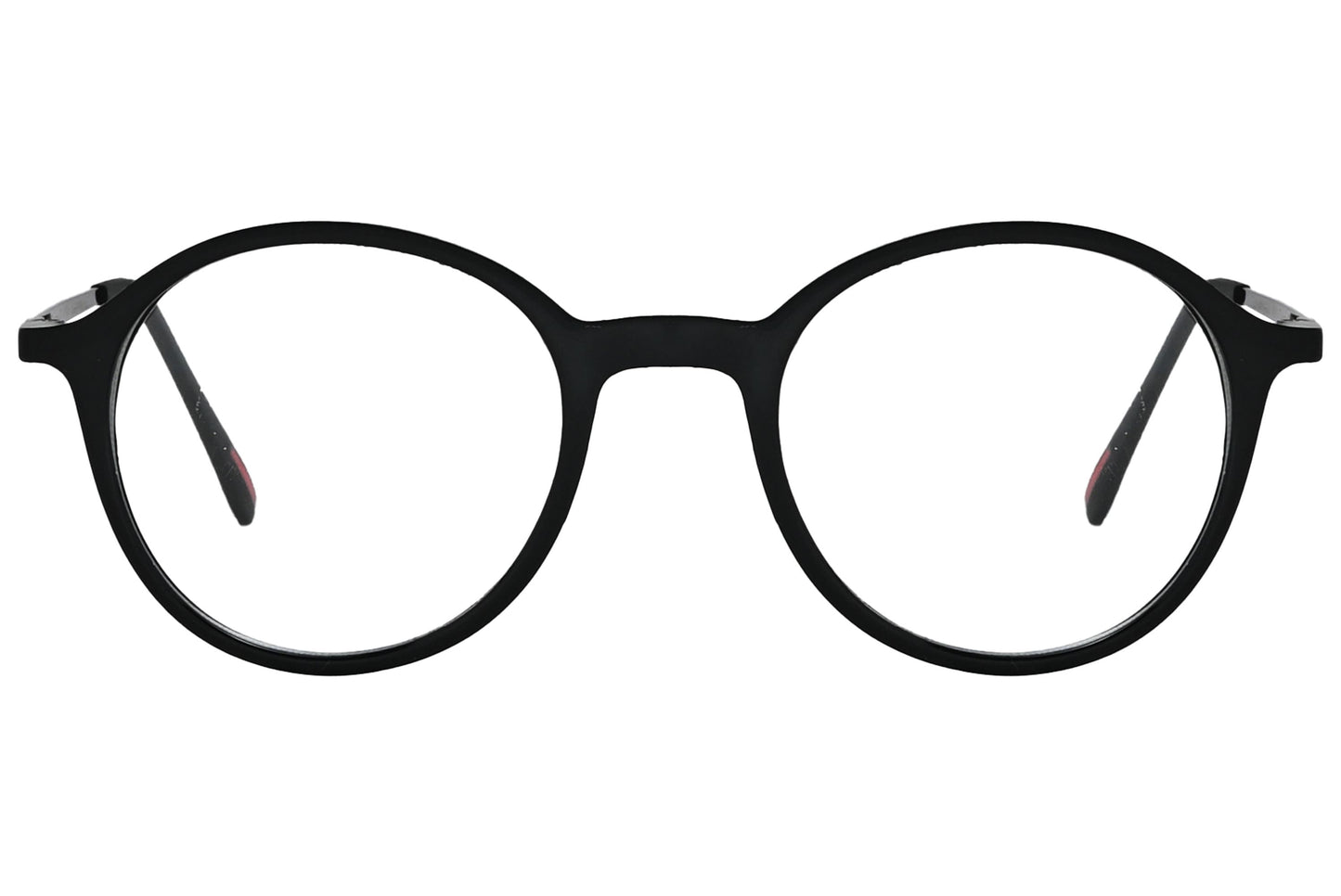 porto romano round black eyeglasses frame viewed from front angle.