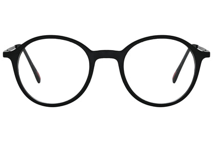 porto romano round black eyeglasses frame viewed from front angle.