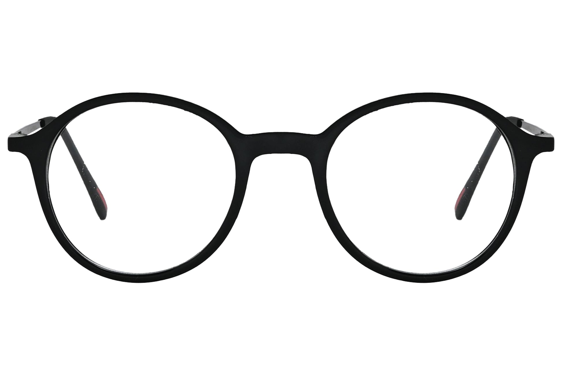 porto romano round black eyeglasses frame viewed from front angle.