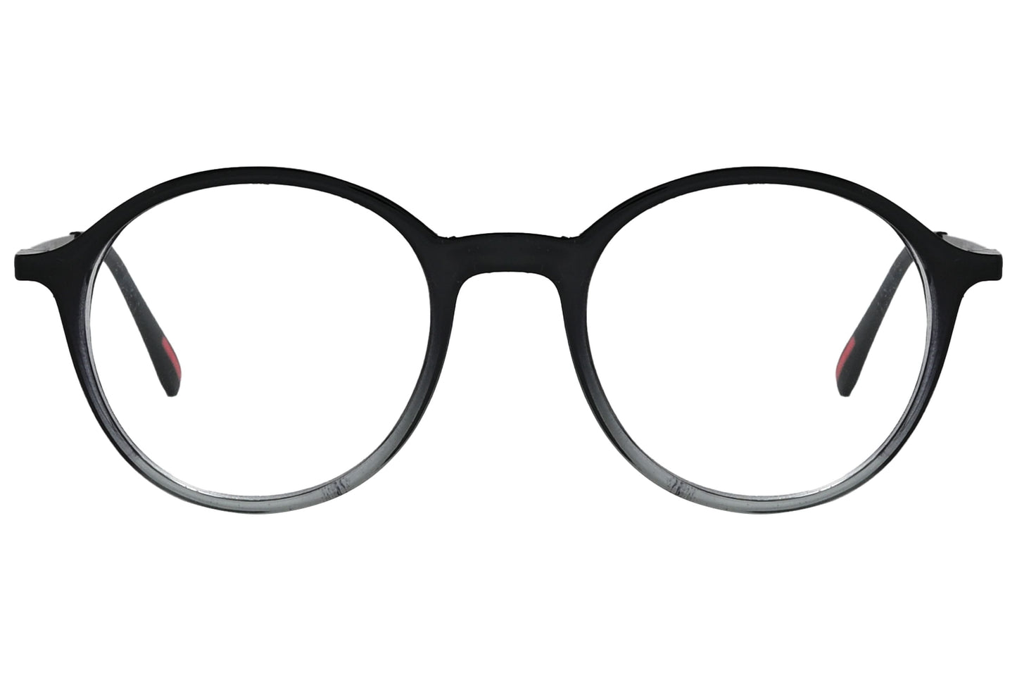 porto romano round black eyeglasses frame viewed from front angle.