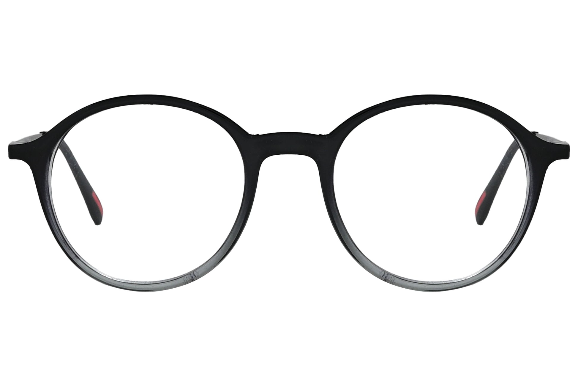 porto romano round black eyeglasses frame viewed from front angle.