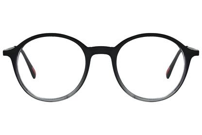 porto romano round black eyeglasses frame viewed from front angle.