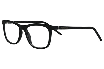 porto romano rectangle black eyeglasses frame viewed from a 45-degree angle.