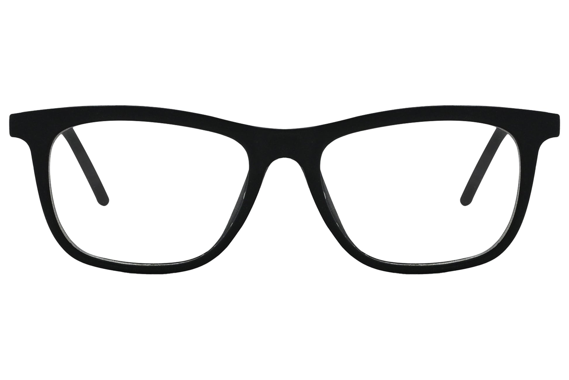 porto romano rectangle black eyeglasses frame viewed from front angle.