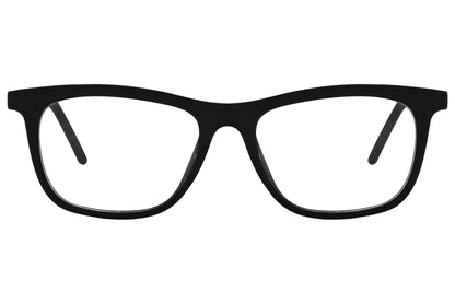 porto romano rectangle black eyeglasses frame viewed from front angle.