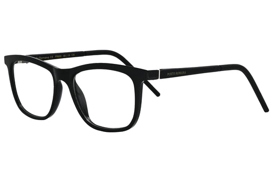 porto romano rectangle black eyeglasses frame viewed from a 45-degree angle.